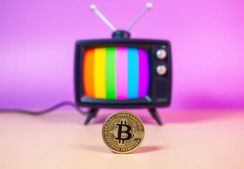IPTV 5 reais simbolizado por moeda única diante de TV pequena e colorida