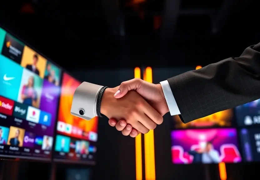 Revenda de IPTV a 1 real com aperto de mãos diante de telas coloridas