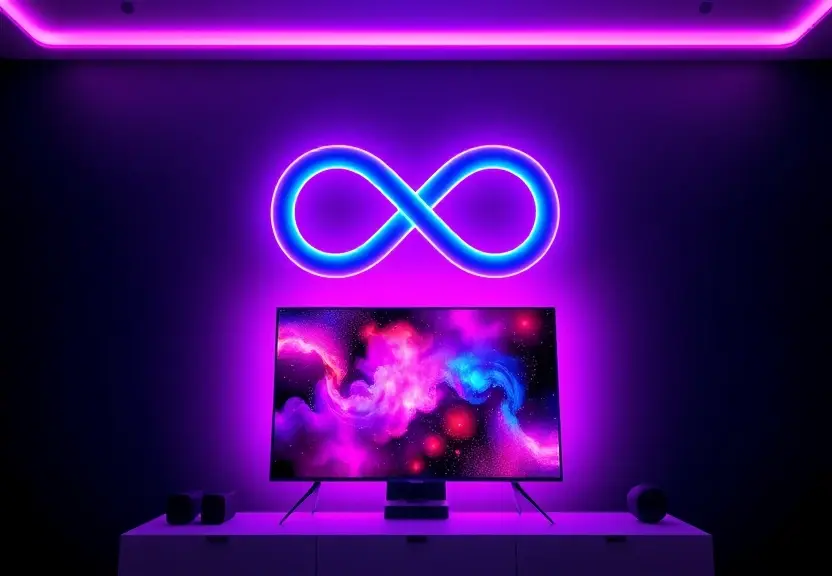 IPTV vitalício grátis representado por símbolo de infinito sobre TV colorida
